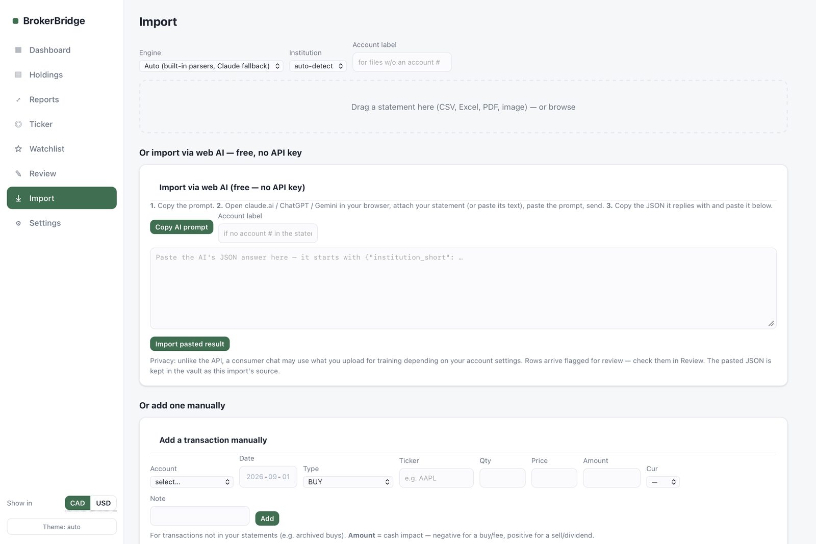 BrokerBridge import screen with statement drag-and-drop and free web-AI import path